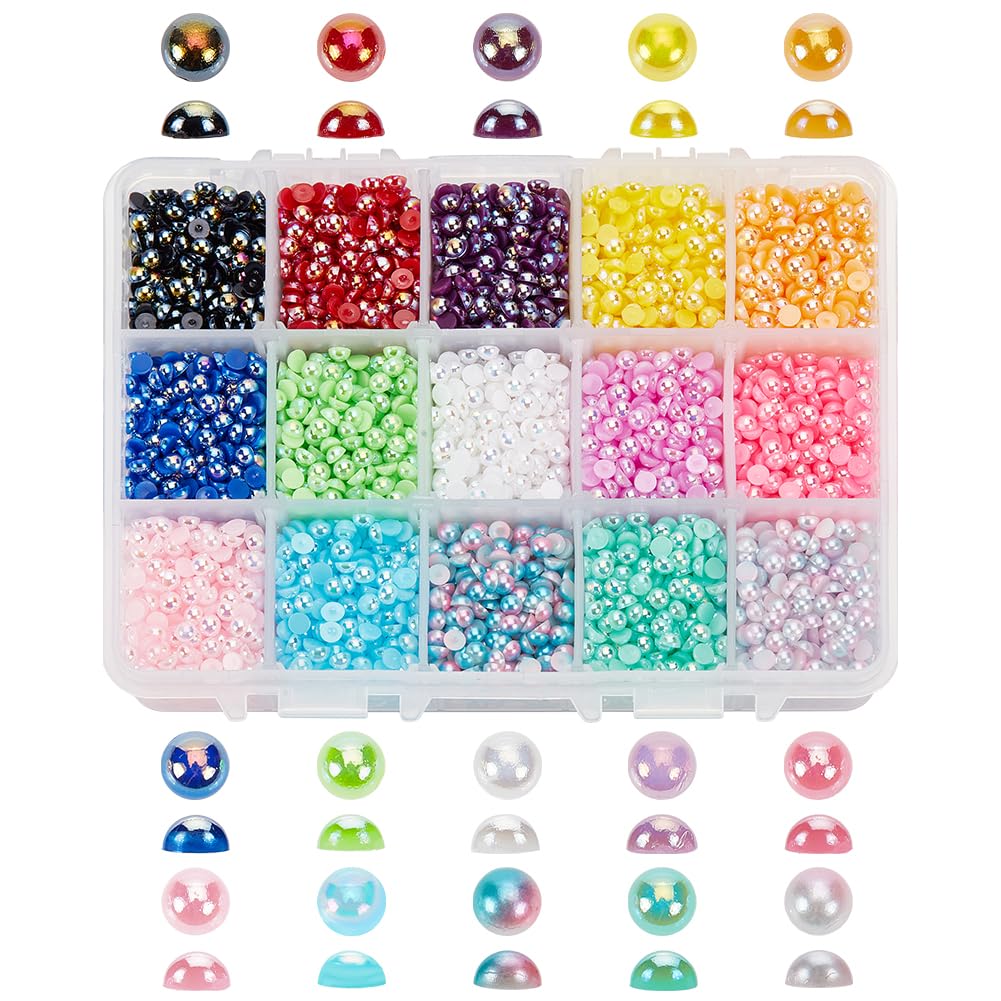 PH PandaHall 8100pcs 15 Colours Flatback Half Pearls Beads Half 4mm Flatback Imitation Pearl Cabochons Bead Gem for Scrapbook Craft DIY Phone Nail Making