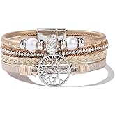 FANCY SHINY Tree of Life Leather Wrap Bracelets Boho Pearl Rhinestone Bead Braided Bracelet with Magnetic Closure Inspirational Spiritual Jewelry Gift for Women