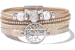 FANCY SHINY 4-in-1 Tree of Life Leather Bracelets Charm Braided Rhinestone Beaded Strands Stackable Boho Wrap Bracelet with Magnetic Closure Christmas Gift Inspirational Spiritual Jewelry for Women