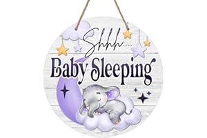 Deroro Shhh Baby Sleeping Front Door Sign, Elephant Purple Moon Cloud Stars Wood Door Hanger Outdoor Porch Nursery Decor, Rustic Wooden Wreath Indoor Wall Hanging Kids Baby Girl Boy Room Decoration