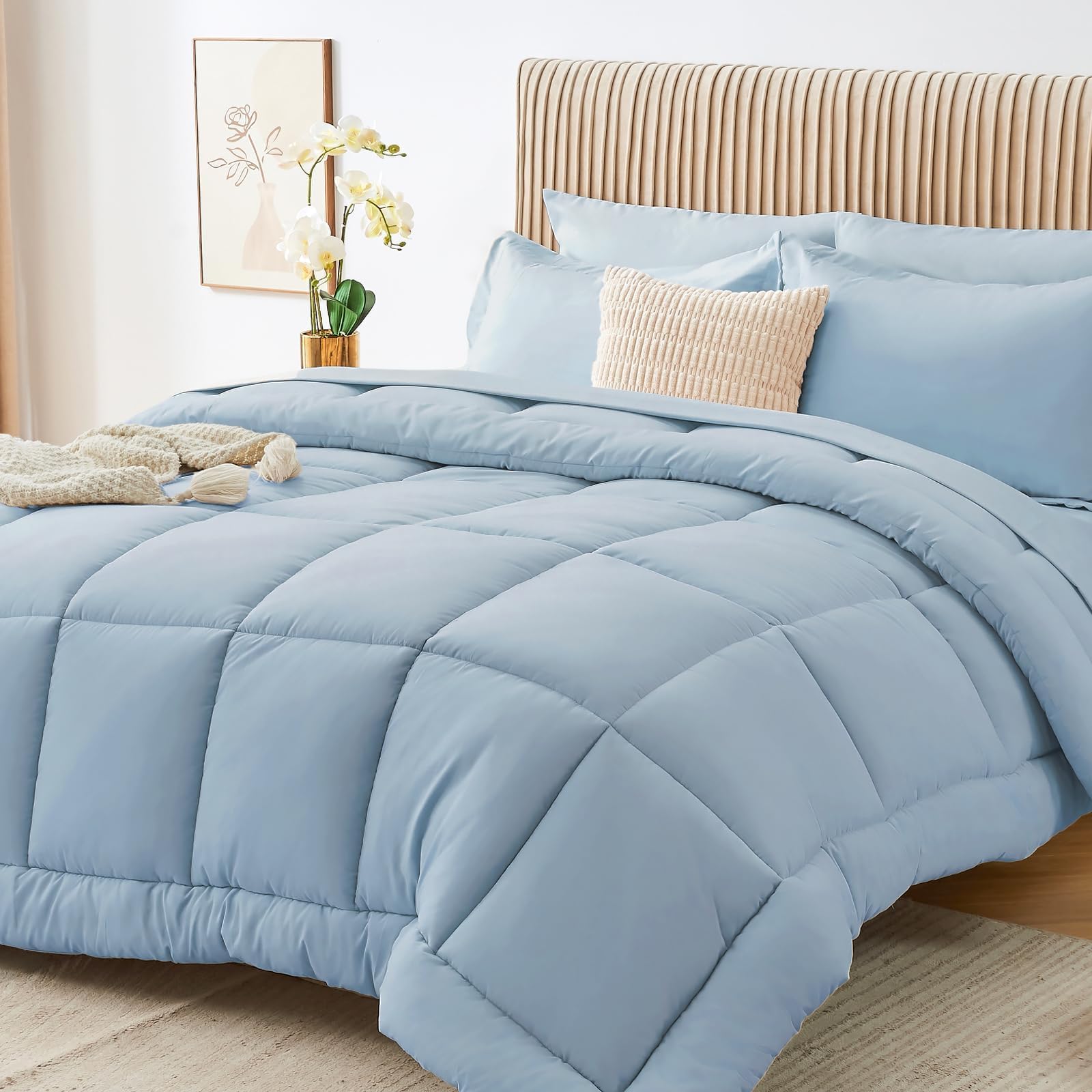 Photo 1 of Sasttie Twin XL Comforter Set, 5 Pieces Twin XL Bed in a Bag, Complete Bedding Set Includes Comforter, Flat Sheet, Fitted Sheet, Pillowcase and Pillow Sham, Greyish Blue