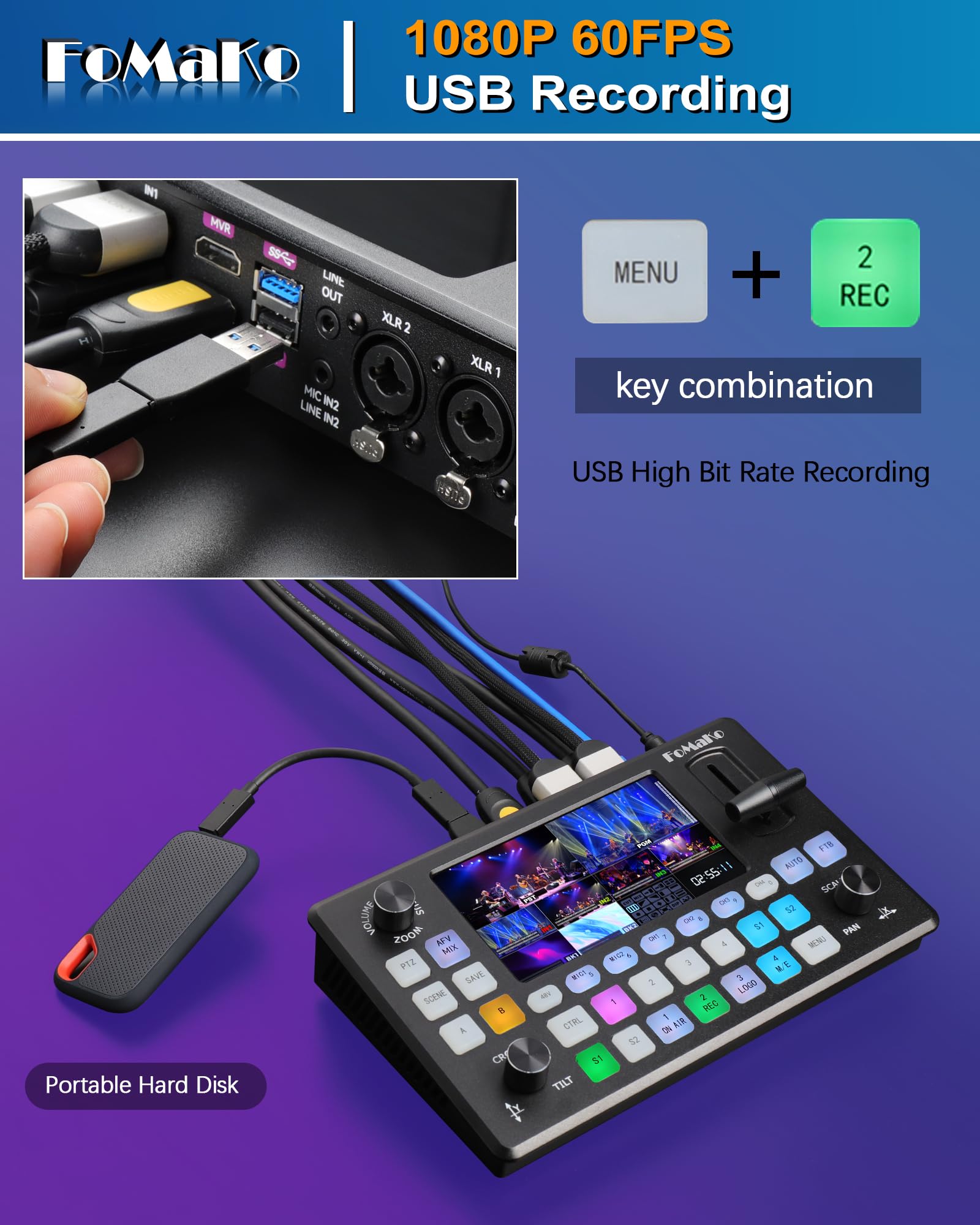FoMaKo 5.5 Inch FHD LCD Screen 4-Channel HDMI Live Streaming Switcher 1080p 60FPS USB Video Recording USB3.0 HDMI Video Switcher (Does not Support 4K) KC601 Pro