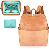 MOMINSIDE Diaper Bag Backpack, Baby Bag Leather with 16 Pockets, Large Baby Diaper bag for Mom, Fits 15 Inch Laptop, 4 Insulated Pockets, Changing Pad, Brown
