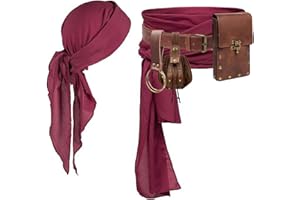 KOTORA Pirate Costume Pirate Head Scarf Bandanas Belt Waist Sash Medieval Belt Pouch Coin Purse Leather Hook Festival Sets