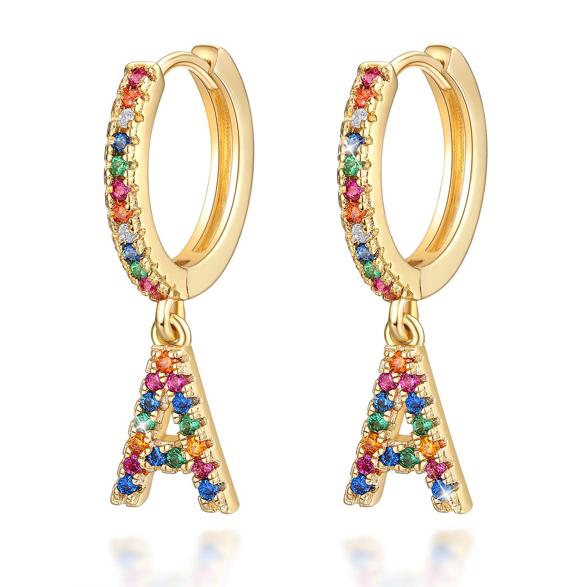 Initial Hoop Earrings for Women Girls 14K Real Gold Plated Colorful Cubic Zirconia Personalized Rainbow Letter A Huggie Earrings Jewelry Gift for Her