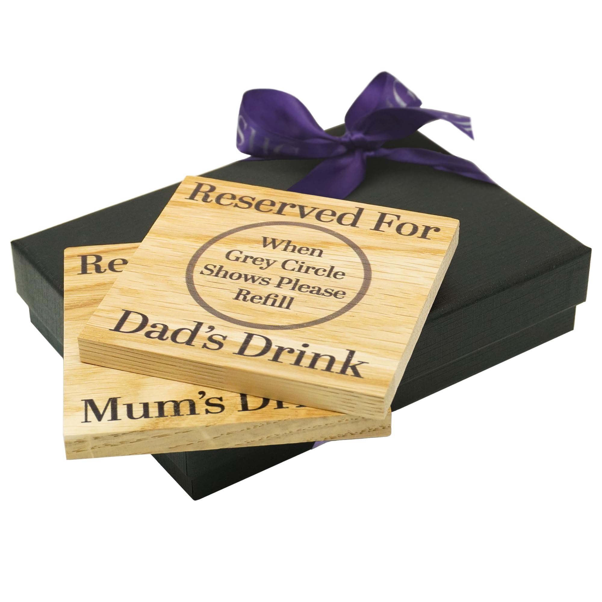 Reserved for Mum and Dad's Drinks Solid Oak Coaster Set. Gift for Parentsarents from child. 10cm Square Coasters. Set of two. Packaged in a Gift Box. New parent gift. (Mum and Dad)