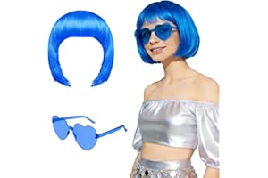 ANPUNAT Dark Blue Short Bob Wig and Sunglass Set, Neon Colored Wigs Sunglass Pack Costume Colorful Cosplay Wigs Daily Party H