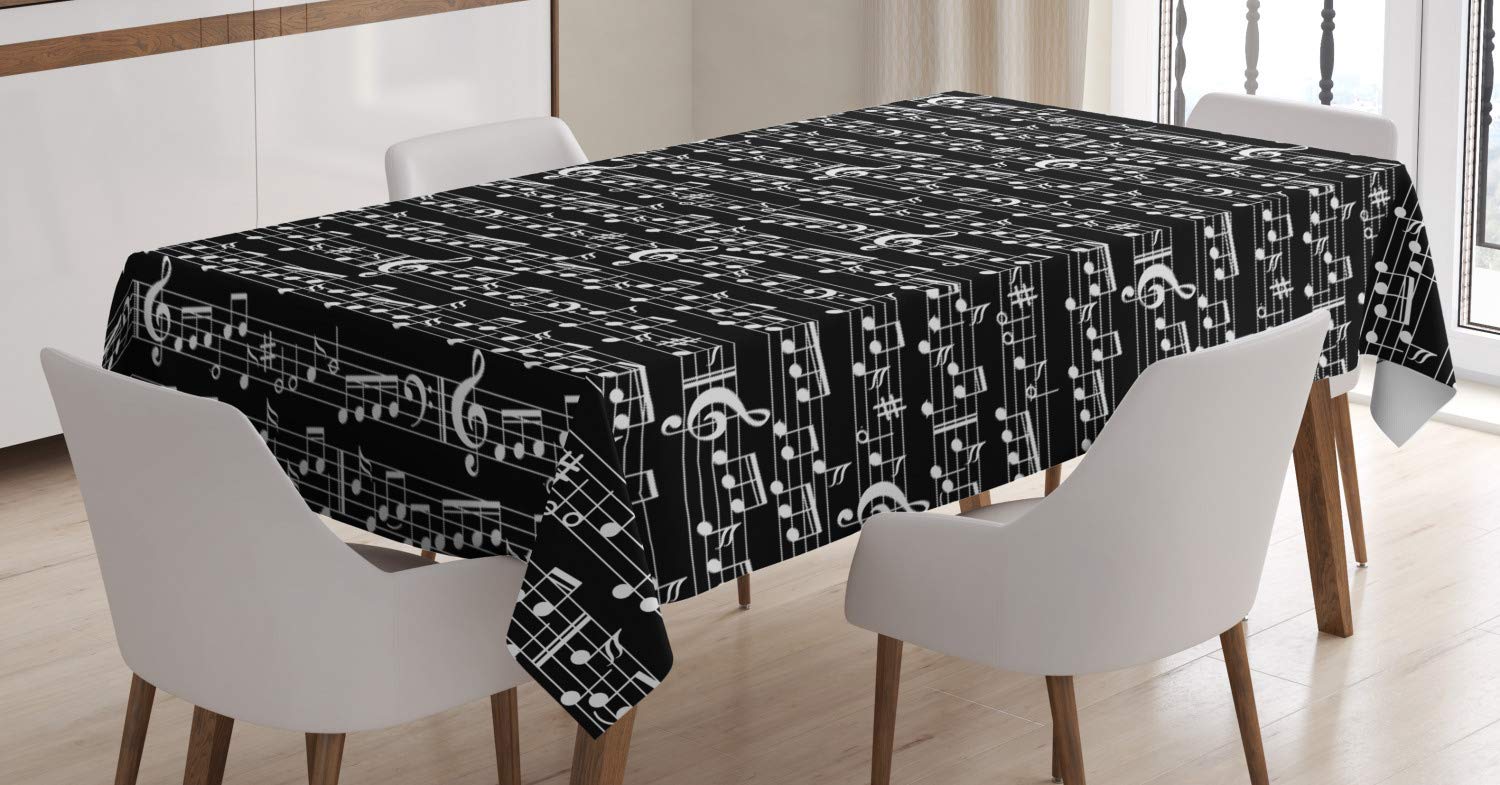 ABAKUHAUS Music Tablecloth, Musical Notes and Clef Sheet Pattern in Abstract Style Print, Dining Room Kitchen Table Cover, 54" x 78", Black White