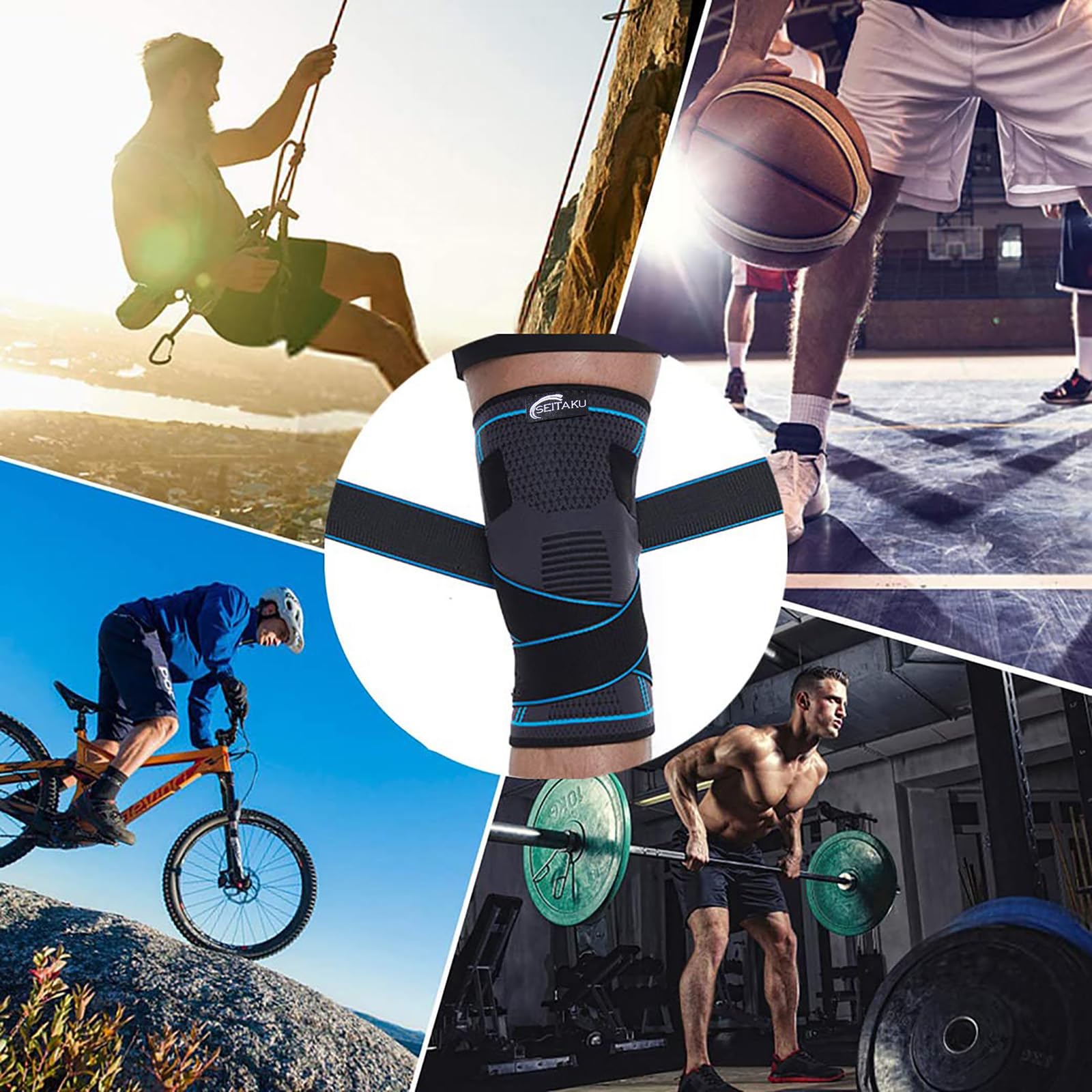 Seitaku Knee Brace Compression Sleeve with Strap: Knee Support Women Men for Running, Basketball, Weightlifting, Gym, Sports, Workout (NavyBlue, Large)