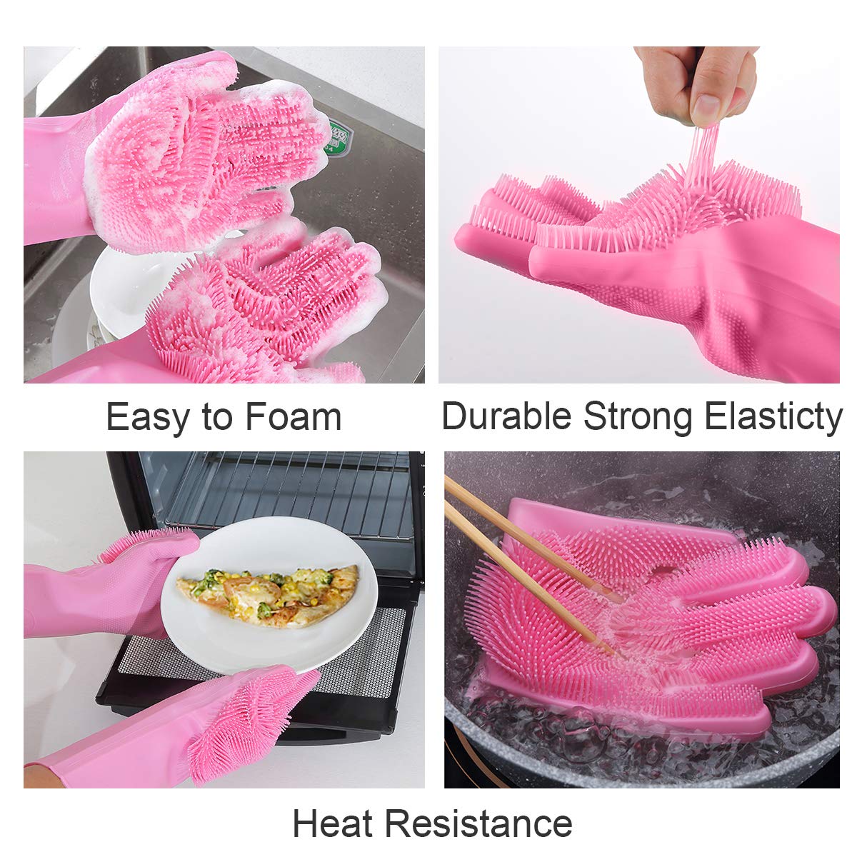 2Pcs Magic Silicone Gloves with Wash Scrubber Reusable Silicone Glove Brush Pair Heat Resistant For Cleaning Washing Dishes Cooking Grilling Car Wash and Pet Care Pink
