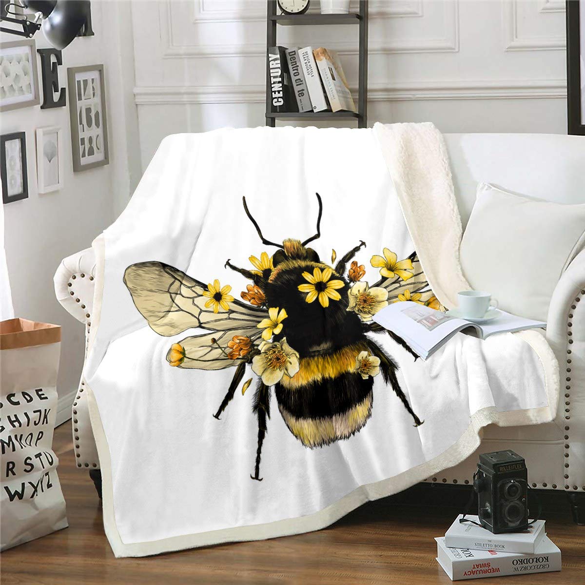 Cute Bee Blanket for Kids Boys Girls Social Insects Print Blankets and Throws Blossom Flowers Fleece Blankets 3D Bee Printed Sherpa Blanket,Plush Blankets Baby 30"x40" — image 1