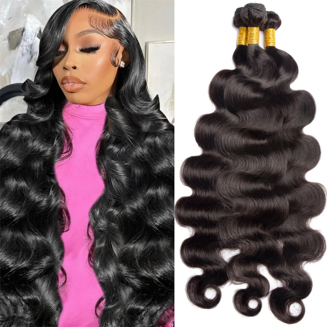 Bele Brazilian Body Wave Human Hair 3 Bundles 16 16 16 inch 12A Grade 100% Unprocessed Body Wave Virgin Human Hair Weave Extensions for Women Natural Color Can De Dyed or Bleached — image 1