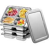 FELISTORY 4 Pcs Stainless Steel Snack Containers, 4-Compartment Divided Snack Containers with Steel Lids, Reusable 304 Stainless Steel Bento Boxes for Home, School, Picnic, Travel(lids cannot seal)