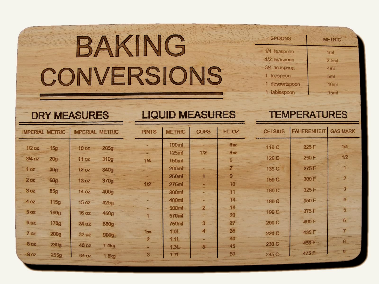 Baking Conversion Gift Present Premium Hardwood Wooden Chopping Cutting Cheese Board Engraved Measures Wood Kitchen Conversions Cooking Baking (Premium Hardwood 35x24x1 5 cm)