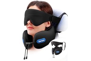 SARISUN Travel Pillow, Neck Pillow for Airplane with Strap, Combo with 3D Eye Mask for Sleep, Dual-Density Supportive Foam Ne