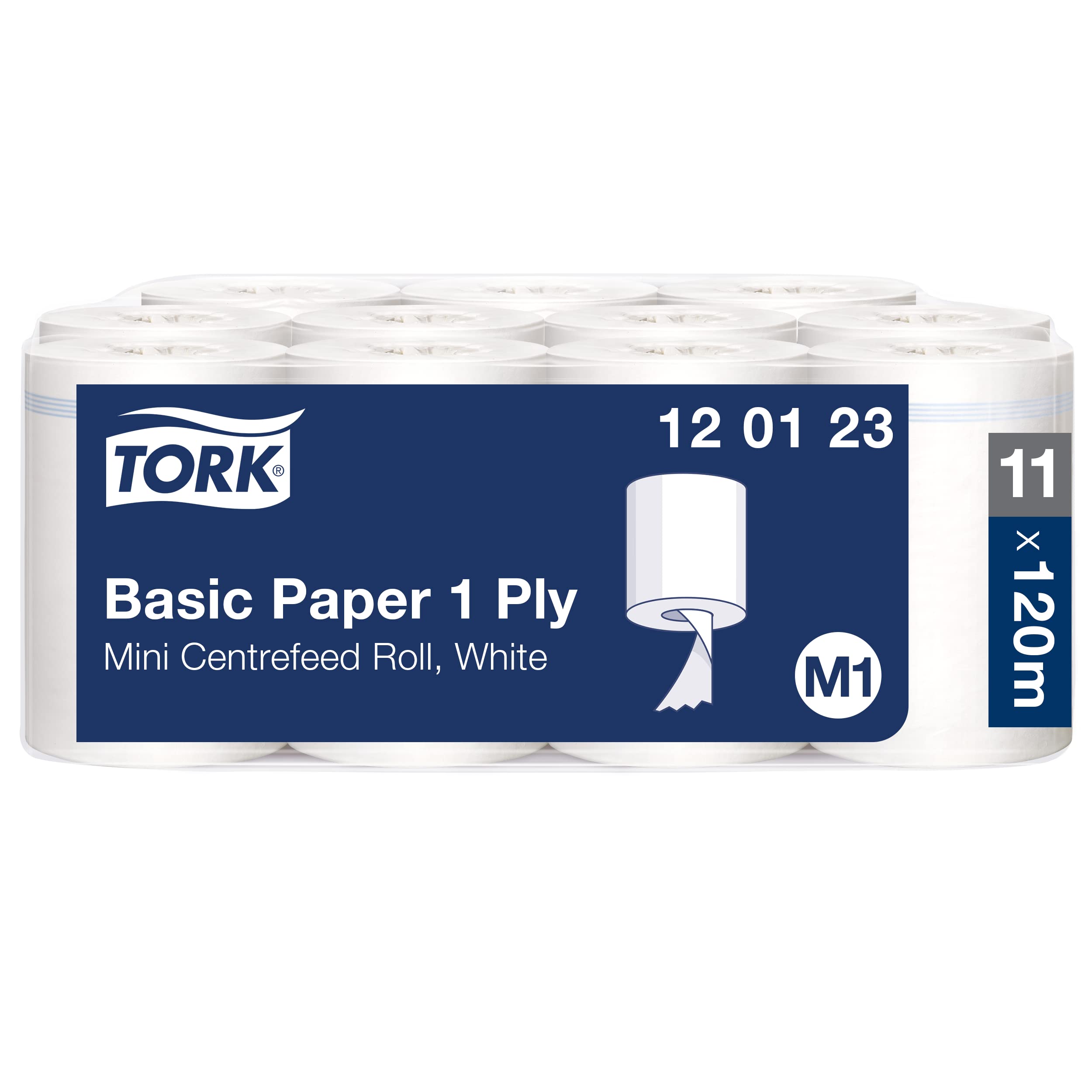 Tork Basic Universal Strong Absorbent Paper Roll Compatible with Tork M1 Mini Centrefeed System, 11 x 120 m (1 x 11 Rolls)