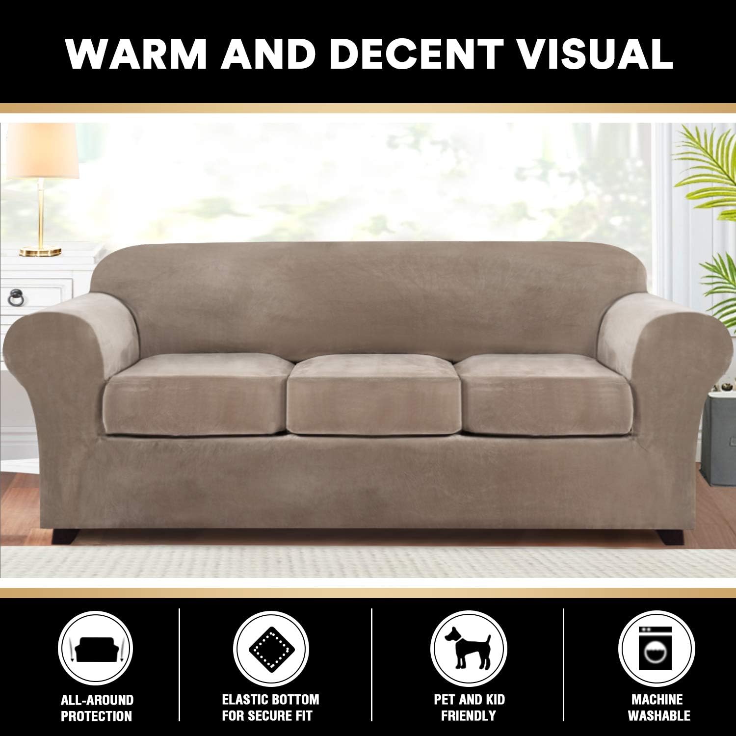 4 Pieces Sofa Covers Stretch Velvet Couch Covers for 3 Cushion Sofa Slipcovers Thick Soft Sofa Slip Covers with 2 Non Slip Straps Furniture Covers with 3 Individual Seat Cushion Covers (Sofa, Taupe): Kitchen & Dining