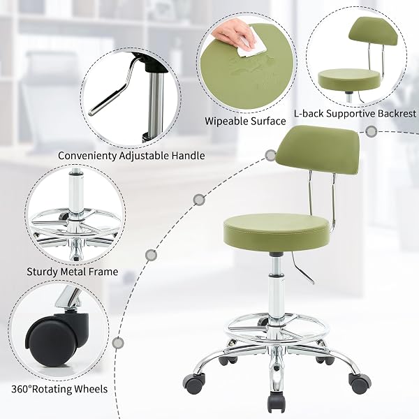 FIRAVOE DRAFTING CHAIR (WORK STOOL WITH BACK)(SWIVEL SHOP STOOL 19.5″-26.6″) ADJUSTABLE HEIGHT AND FOOTREST ERGONOMIC OFFICE CHAIR (GREEN)