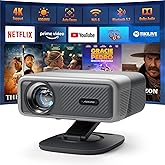 [Compatible with Netflix & Auto Focus]AuKing Smart Projector with Wifi and Bluetooth,Auto Focus&Keystone Projector4K,3D DoIby Audio, 1200ANSI Outdoor Projector with Omnidirectional Rotating Stand