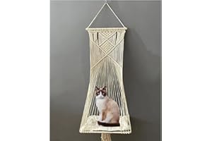Sdjazl Macrame Hanging Cat Hammock Cat Swing Bed for Indoor Cats, Boho Cats Perch Bed for Sleeping, Playing, Climbing, and Lounging (Beige)