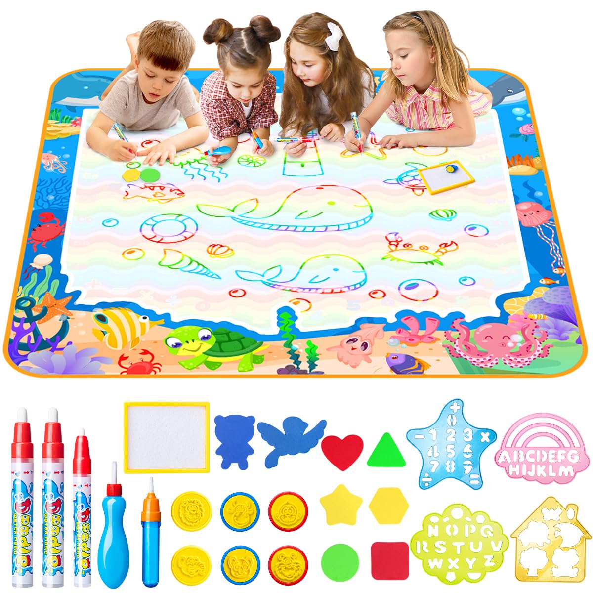 Water Doodle Mat Large 105x100cm, Blue Aqua Magic Drawing Board Mess Free Painting with Pens & Molds, Birthday Present for Boys Girls Toddlers 3+ Years