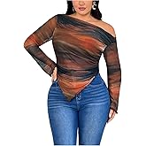 BEAUDRM Women's Plus Size Leopard Print Off Shoulder Crop Tee Shirts Bell Long Sleeve Asymmetrical Tee Tops
