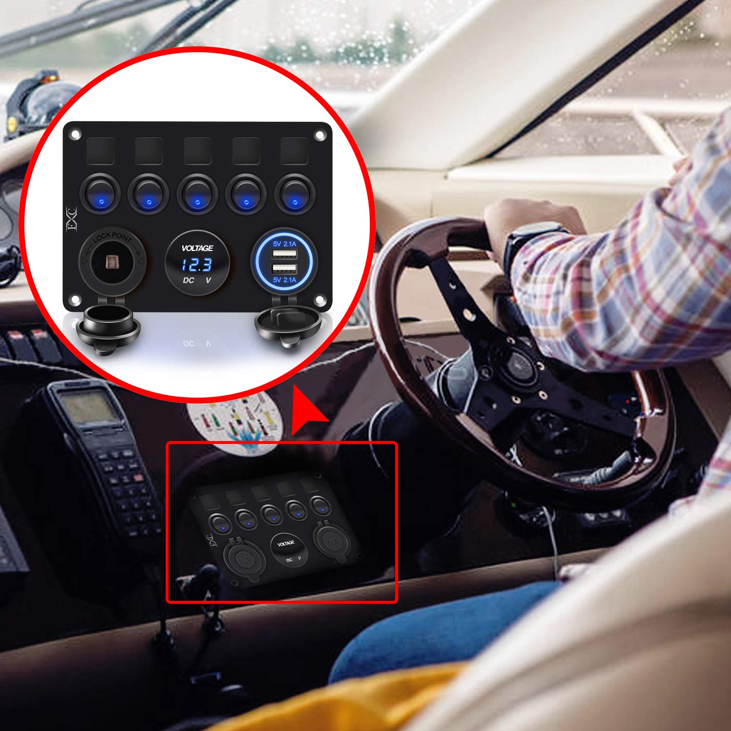 FXC 5 Gang Rocker Switch Panel with Dual USB Slot Socket 5V 4.2A + Cigarette Lighter + Voltmeter for Marine Boat Car Rv Vehicles Truck 12-24V Waterproof Blue LED (5B Blue): Industrial & Scientific