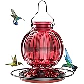 Glass Hummingbird Feeder for Outdoors Hanging, 26Oz Bird Nectar Feeder with Perch & 5 Flower Feeding Ports, Leak Proof for Outside Garden Decor Backyard, Gifts for Women Mom, Red