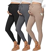 Sweetyweee 3 Pack Women's Maternity Leggings Cotton Ribbed Pregnancy Pants Drawstring Workout Yoga Active Pants with Pockets
