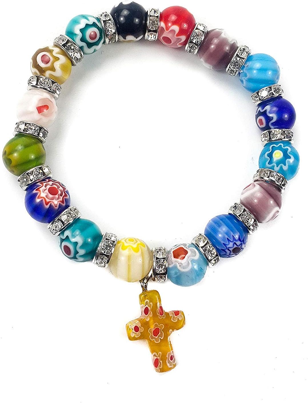 Nazareth Market Store Agate Colorful Flowers Beads Stretchable Bracelet Zircons Crystal & Cross - Image 3