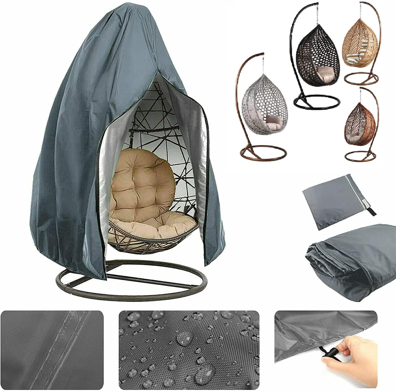 CMY Garden Hanging Chair Cover, Patio Chair Dust Waterproof UV Protector Swing Chair Cover With Zipper For Outdoor Egg Chair, Swing Chair, Rattan Furniture (Grey)