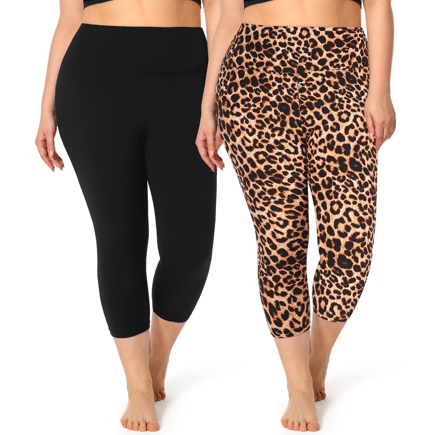 Photo 1 of 2 Pack Plus Size Capri Leggings for Curvy Women -1X-4X High Waisted Tummy Control&Soft Yoga Workout Gym Tights Pants(2 Pack Black+Leapord,XXL)