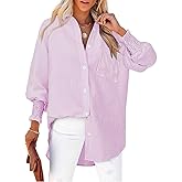NILOINE Womens Striped Button Down Shirts Smocked Cuffed Blouse Long Sleeve Casual Collar Oversized Shirt Tops with Pocket