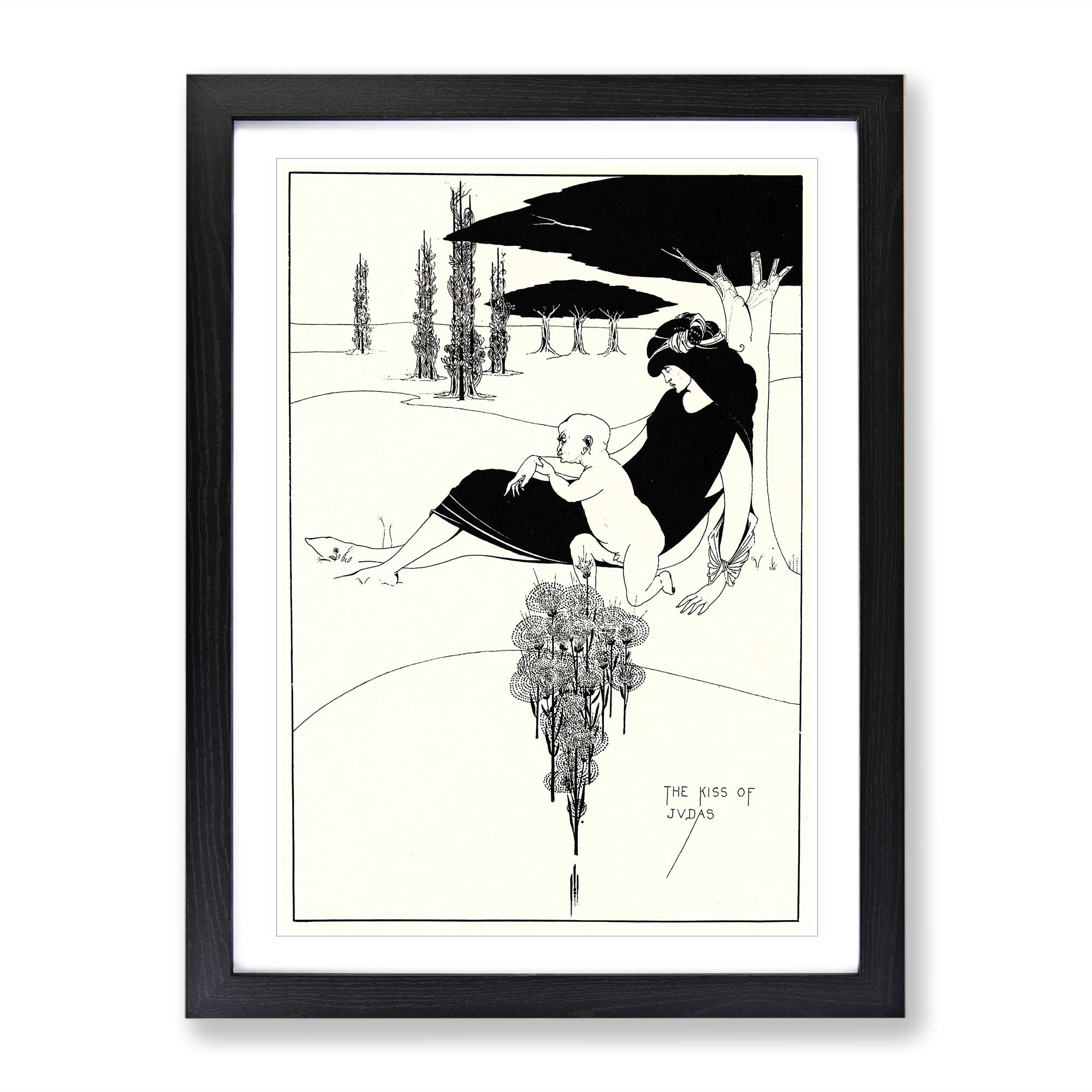 The Kiss Of Judas By Aubrey Beardsley Classic Painting Framed Wall Art Print, Ready to Hang Picture for Living Room Bedroom Home Office Décor, Black A4 (34 x 25 cm)