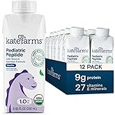 KATE FARMS Pediatric Peptide 1.0 Formula, Vanilla, 12 Pack | Hydrolyzed plant-based peptide nutrition for oral or tube feeding with vanilla flavor.