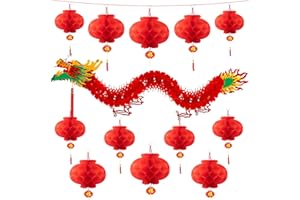 PEYWOT 3D Chinese New Year Decorations 2026, Chinese Dragon Decoration with 1 Dragon and 12 Red Plastic Lanterns for Spring Festival Party Lunar New Year Decorations 2026