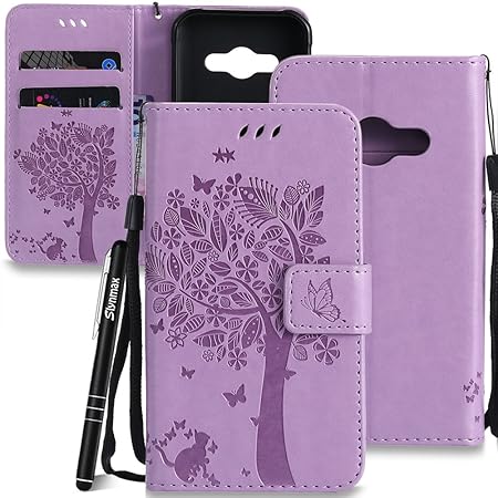 Schutzhülle für Galaxy Xcover 3 Lila,Slynmax Blume Hülle Wallet Case Handyhülle Kompatibel mit Samsung Galaxy Xcover 3 PU Led