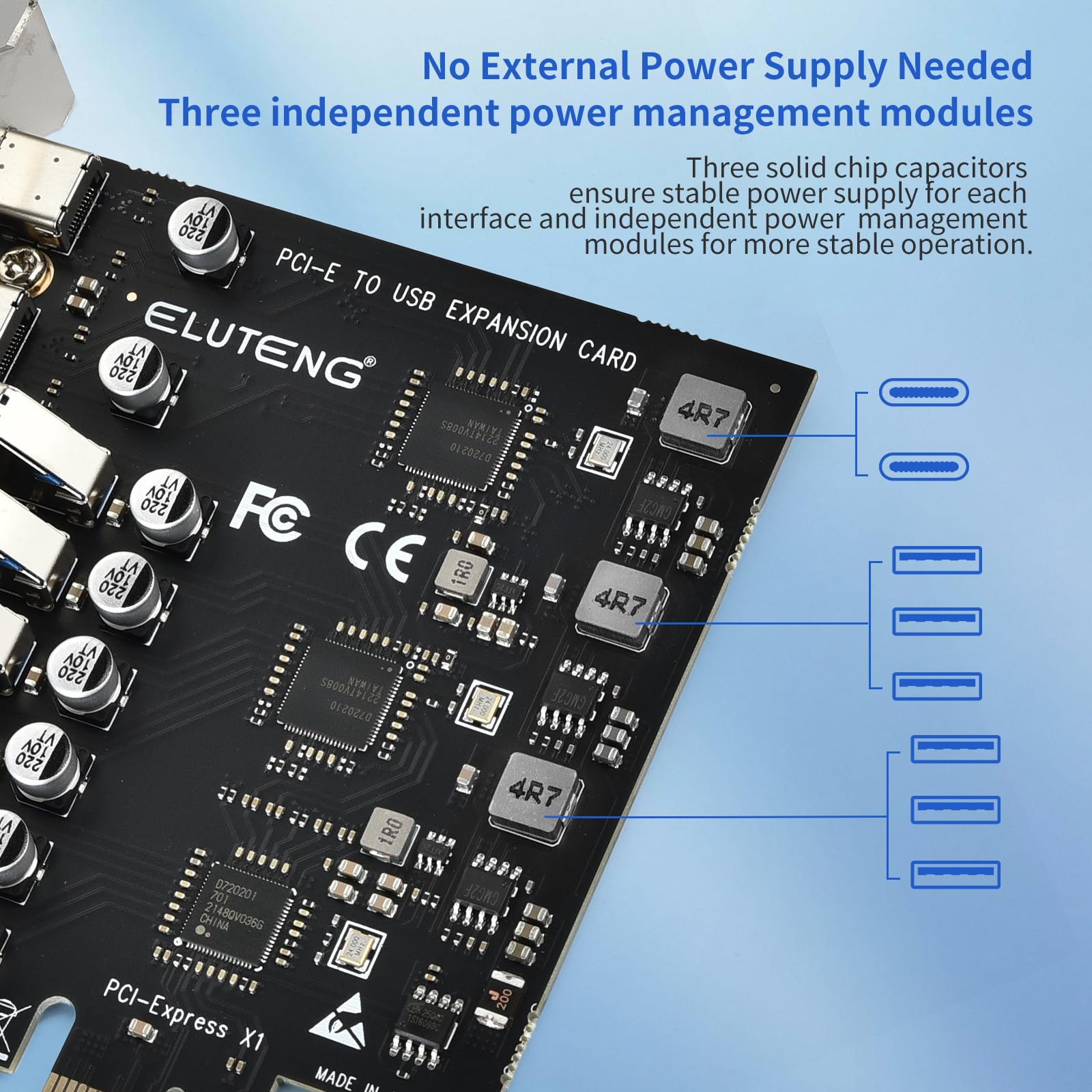 ELUTENG PCIe zu USB 3.2 Gen 2 Karte mit 5 Gbps 8-Port (2 Typ C + 6 x Typ A) Erweiterungskarte, interner Konverter USB3 PCI Express-Karte für Desktop-PC, unterstützt Windows 11/10/8.1/8/7/XP/Vista 3