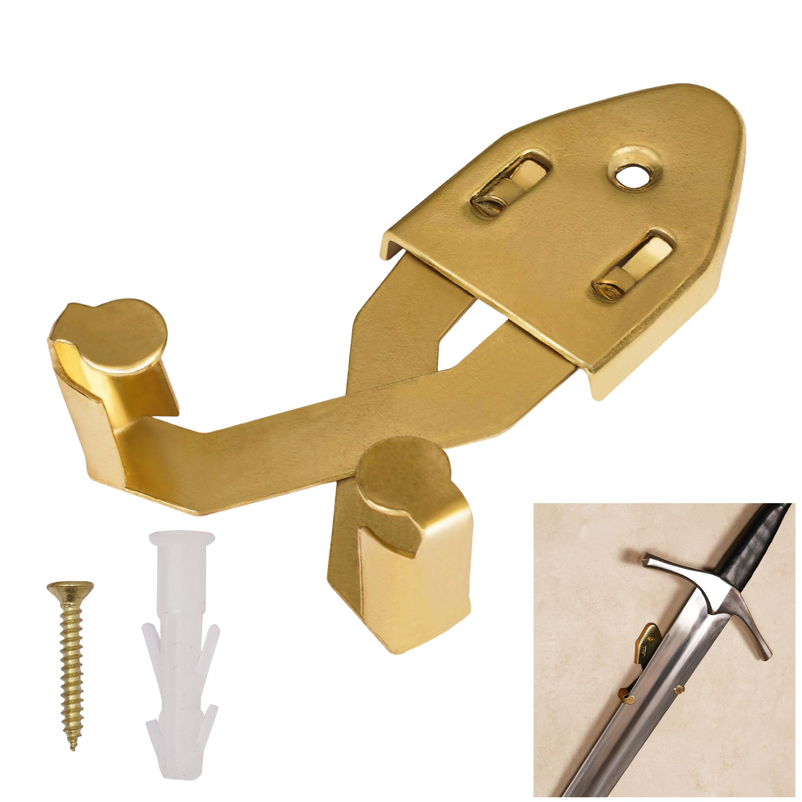 Mythrojan Metal Single Sword Wall Mount Vertical Sword Mount Display Wall Hanger Adjustable Multifunctional Mount Wall Decor Rack for Axe, Knives (Brass, 3")