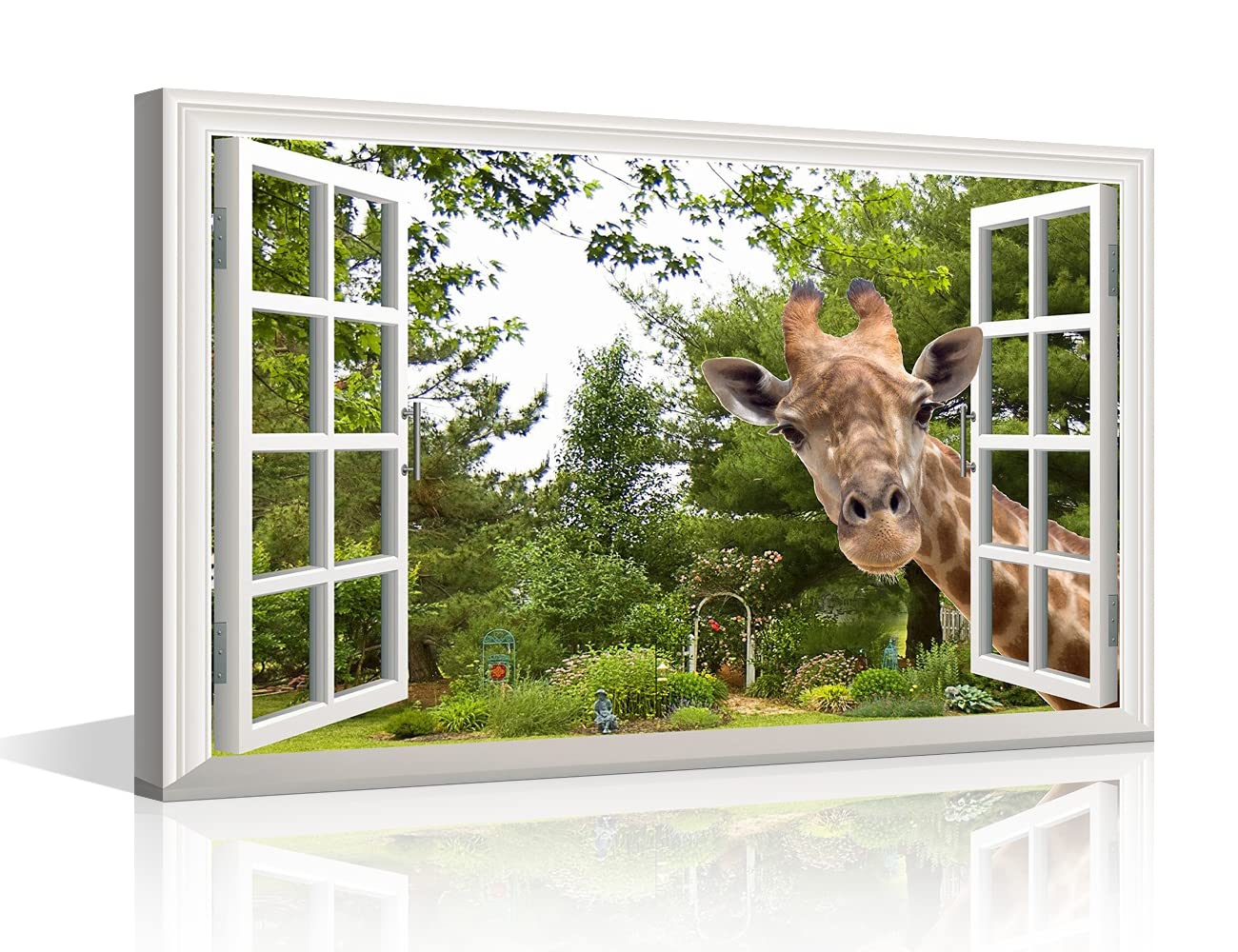 Wall Decorations Cute Giraffe 3D Effect Green Forest Window View for Living Room Painting Pictures Print on Canvas Wall Art Wooden Frame Ready to Hang 8x12inch (20x30cm)