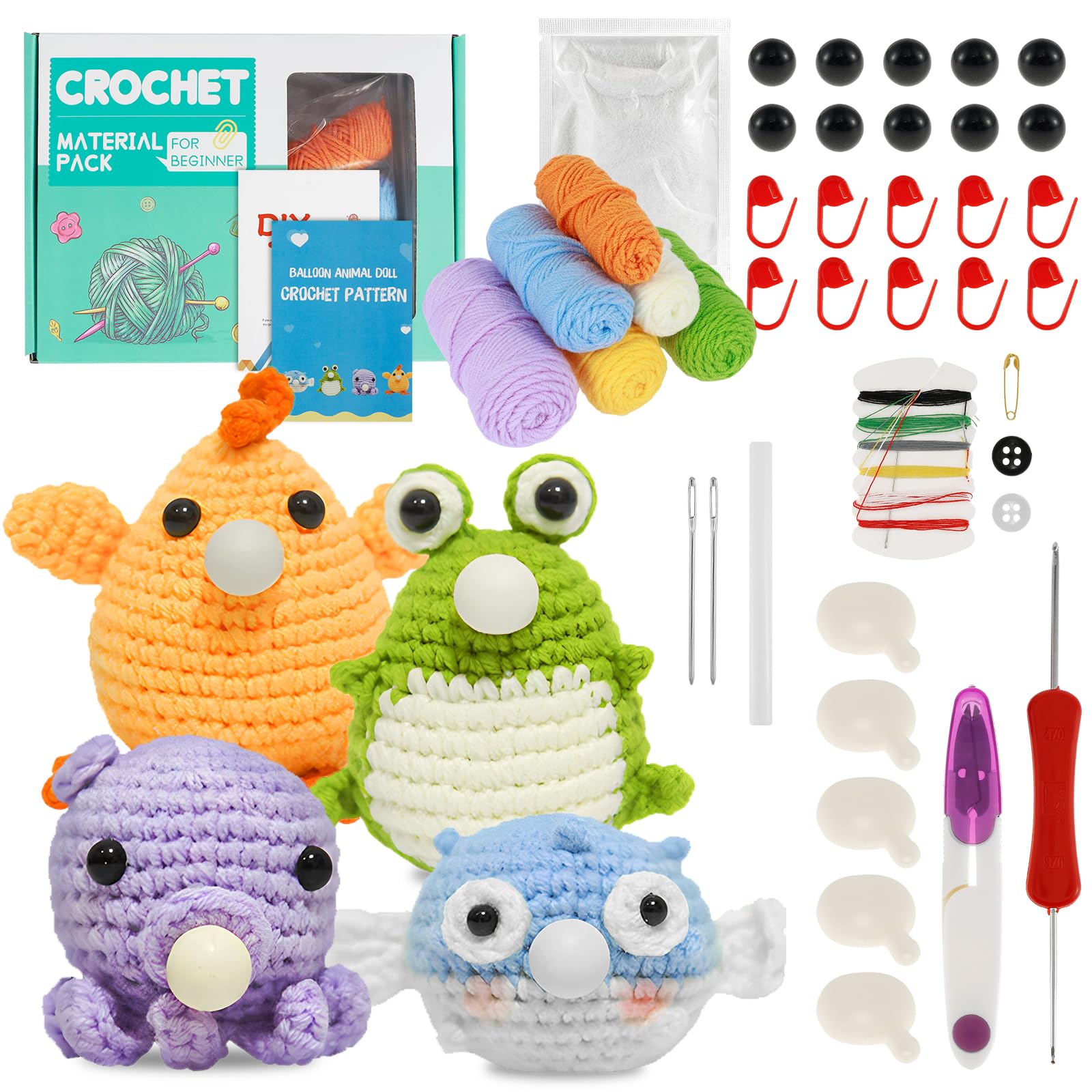 Keyohome 4Pcs Crochet Kit for Beginners, Complete Animal Crochet Knitting Kit, Super Decompression Doll Chick Frog Starter Pack DIY Crochet with Step-by-Step Tutorials for Adults (4)