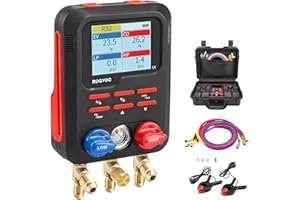ROGVOC Digital Manifold Gauge, HVAC Refrigerants Digital AC Gauges Set with 2 Thermometer Clamps and 3 Hoses, for R22/R410A/R134A/1234YF Refrigerant Recharge Kit, Black