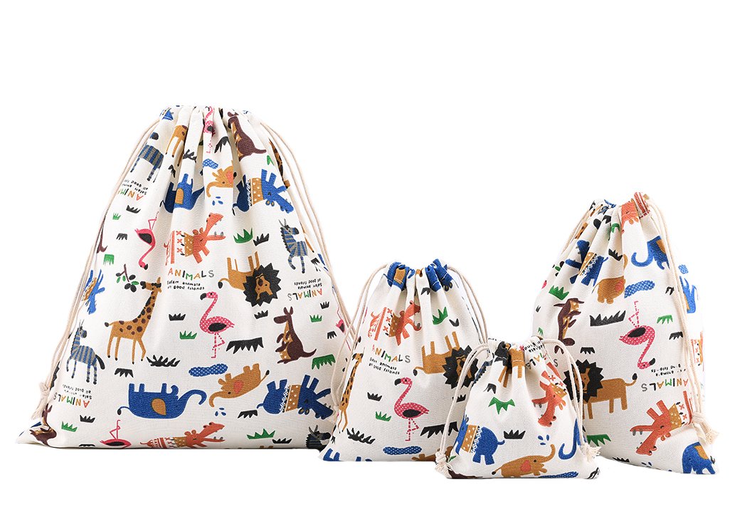Amoyie 4 pcs Drawstring Storage Bag Set for Baby Stuff, Travel Home Accessories - Beige Animal