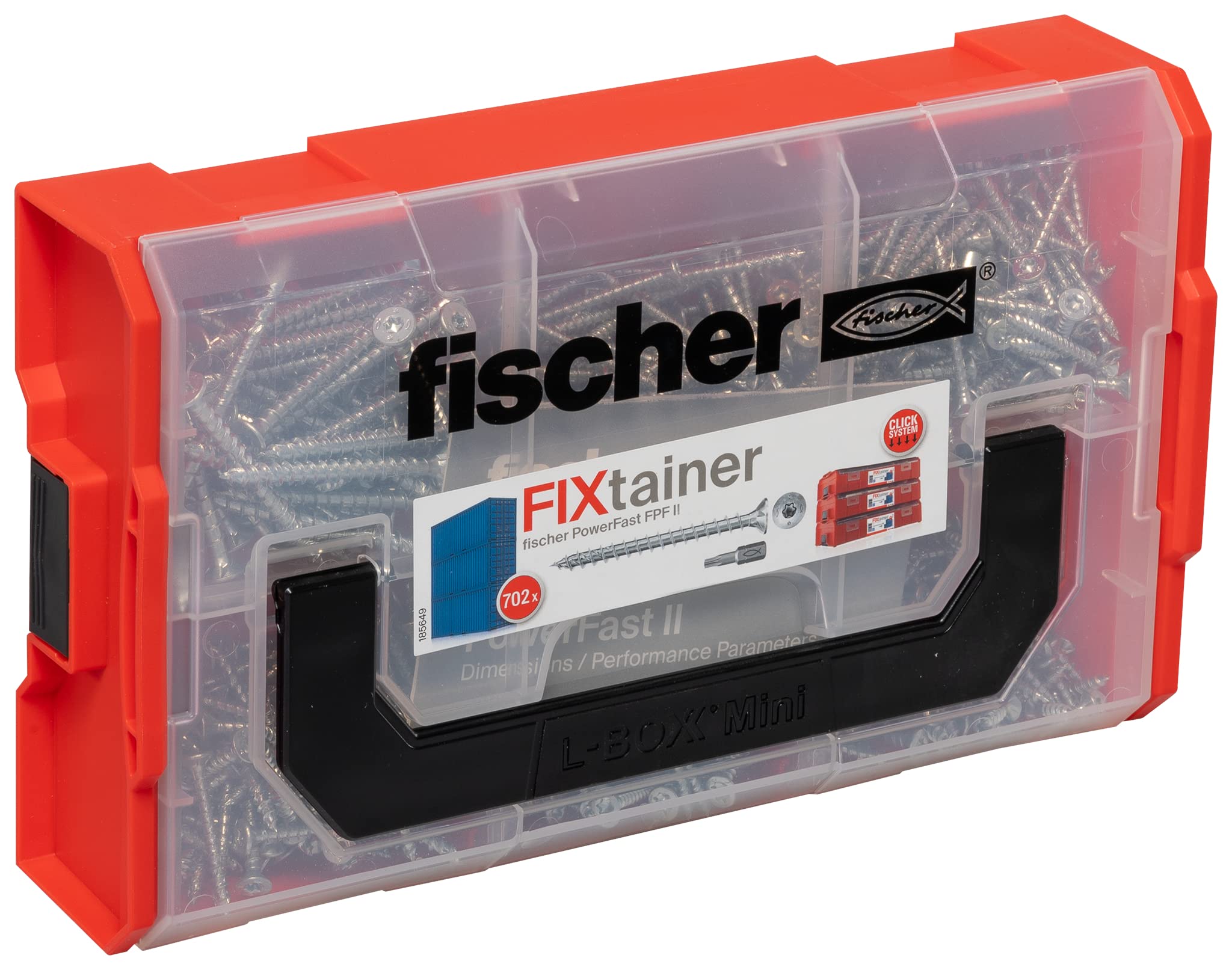 fischer FixTainer PowerFast II Chipboard Screw, Presorted Assortment Box with 700 Screws and 2 Bits, Countersunk Head, Full Thread and TX Drive, Universal Fixing Kit