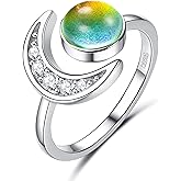 ADRAMATA 925 Sterling Silver Mood Ring Moon Star Open Adjustable Rings for Women 18K White Gold Plated Color Changing Mood Ring Temperature-Control Star and Moon Rings Statement Jewelry