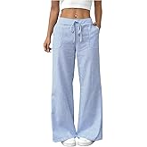 Verdusa Women's Striped Straight Leg Pants Drawstring Waist Casual Trousers with Pockets
