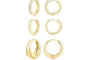 3 Pairs Gold Hoop Earrings Set for Women, 14K Gold Plated Hypoallergenic Lightweight Small Huggie Earrings for Gift