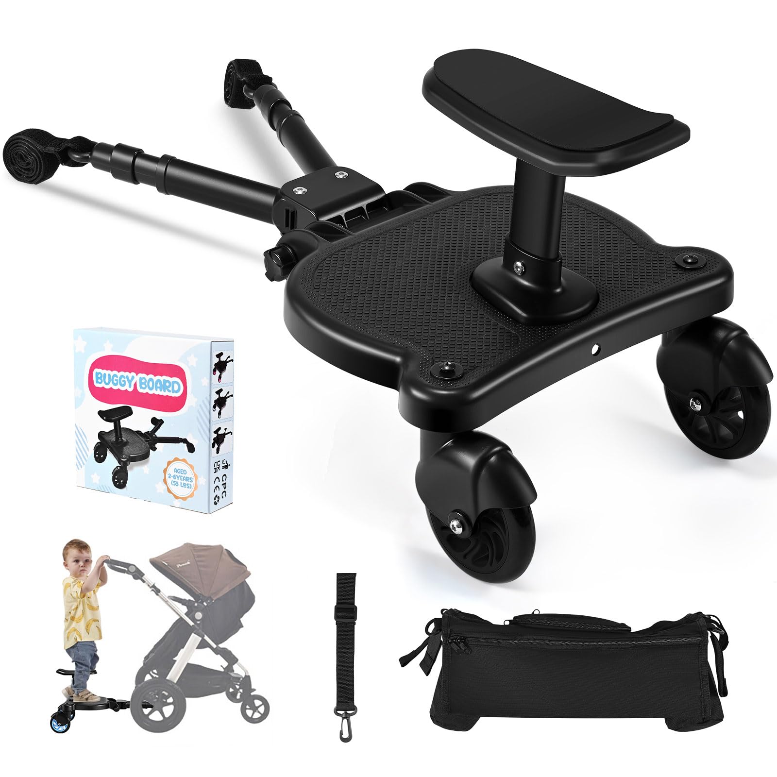 BugyKido Universal Buggy Board with Seat, Kiddy Board with Pram Organiser Bag, Pram Standing Board Compatible with Over 99% of Pushchairs, for Children from 2-6 Years, Load 25 KG(Black)