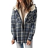 Dokotoo Womens Plaid Shacket Jacket Long Sleeve Button Down Fleece Hooded Jackets Warm Coat