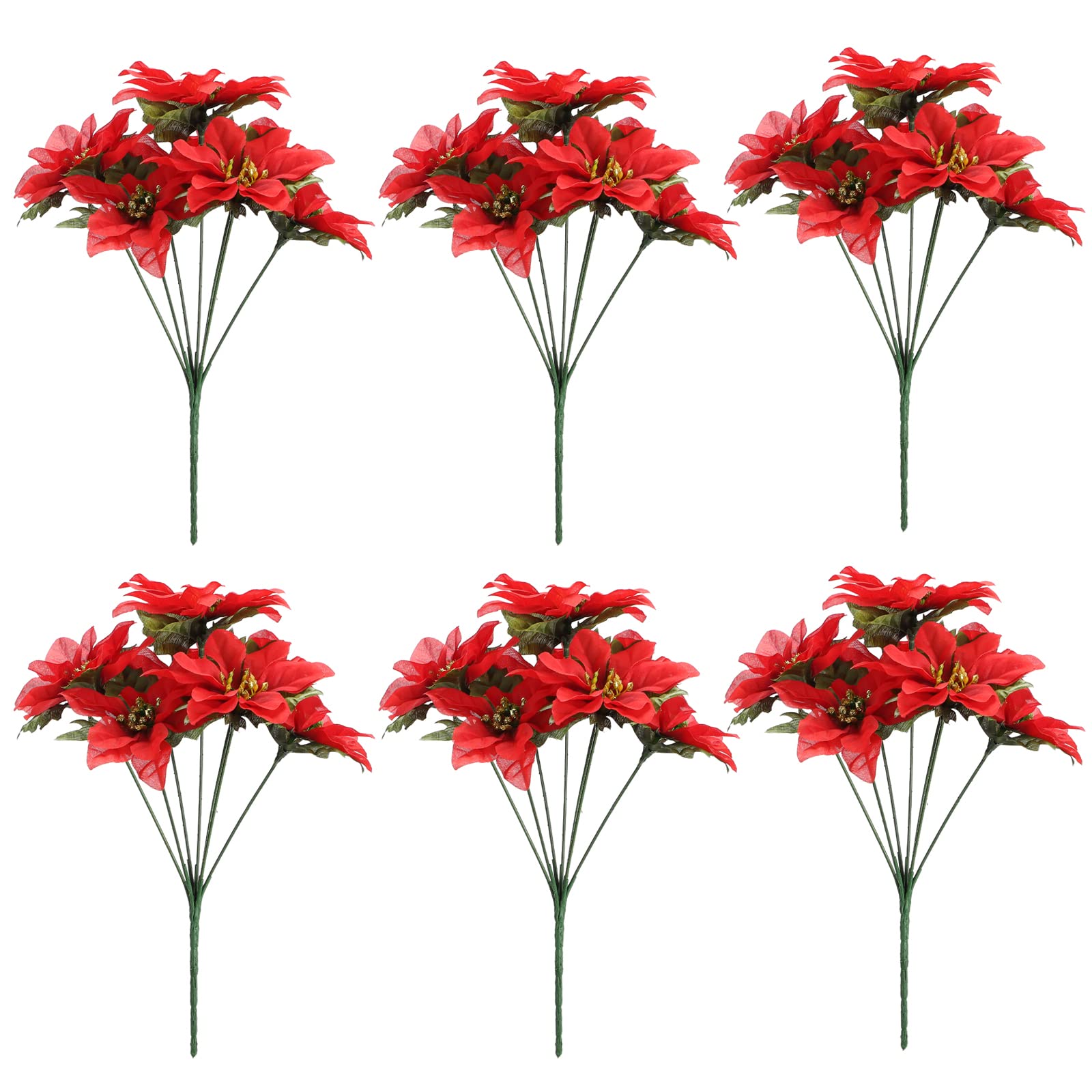 Ohstgp 6pack Christmas Artificial Poinsettia Bouquet 13.8in Faux Silk Cloth Simulation Poinsettia Floral Bouquet Red Faux 7 Heads Velvet Poinsettia for Christmas Party Wedding Decor Ornaments